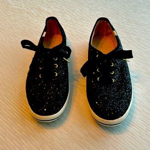 Kate Spade X Keds Black glitter sneaker w/ black satin laces. Women size 9.5.